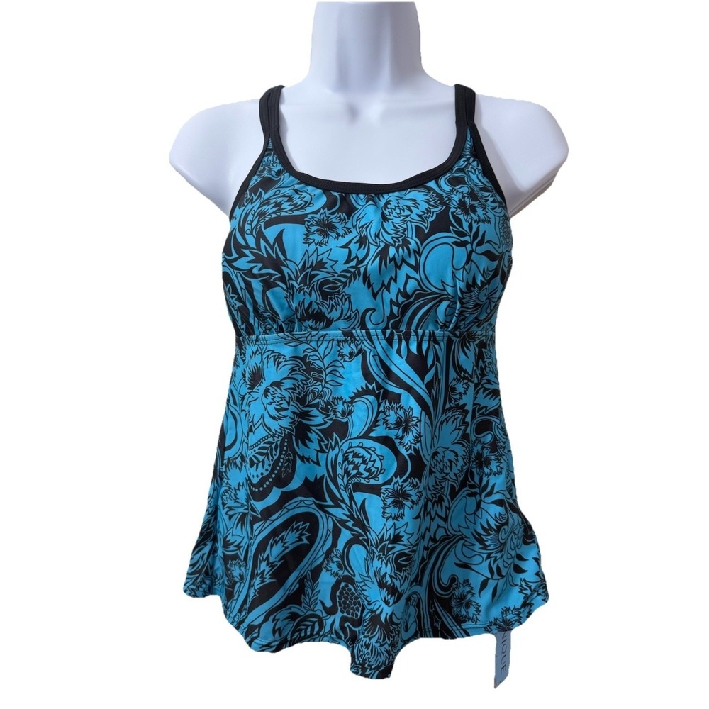 NWT Yonique Womens Blue Black Floral Paisley Tankini Top‎ Strappy Back Small NWT
